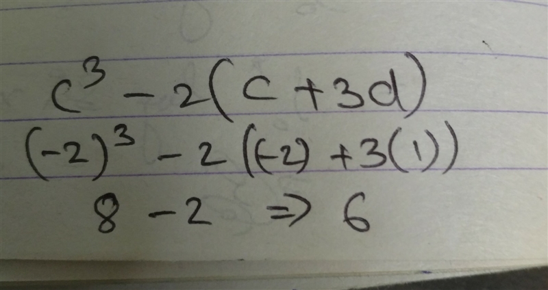 3. Evaluate c^3 − 2(c + 3d) for c = −2 and d = 1. A. −10 B. 6 C. −18 D. 10-example-1