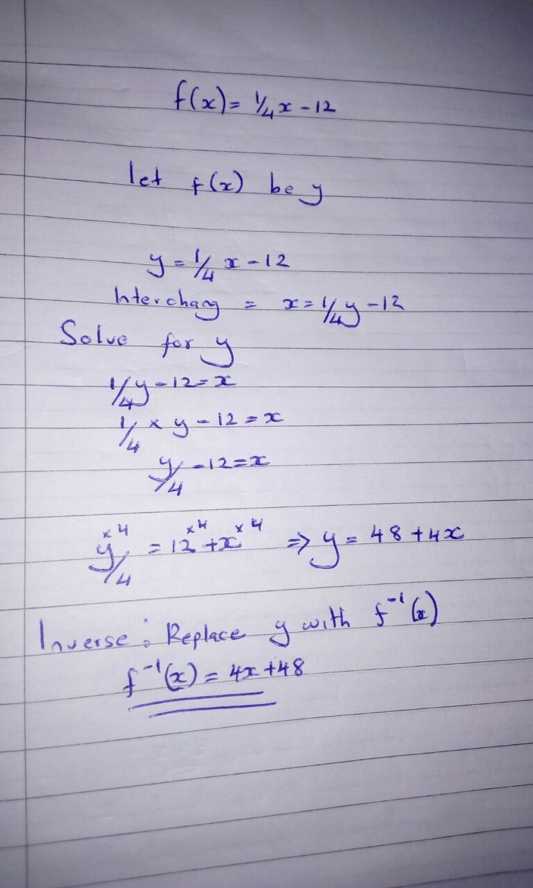 What is the inverse of the function f(x) =1/4 x – 12?-example-1