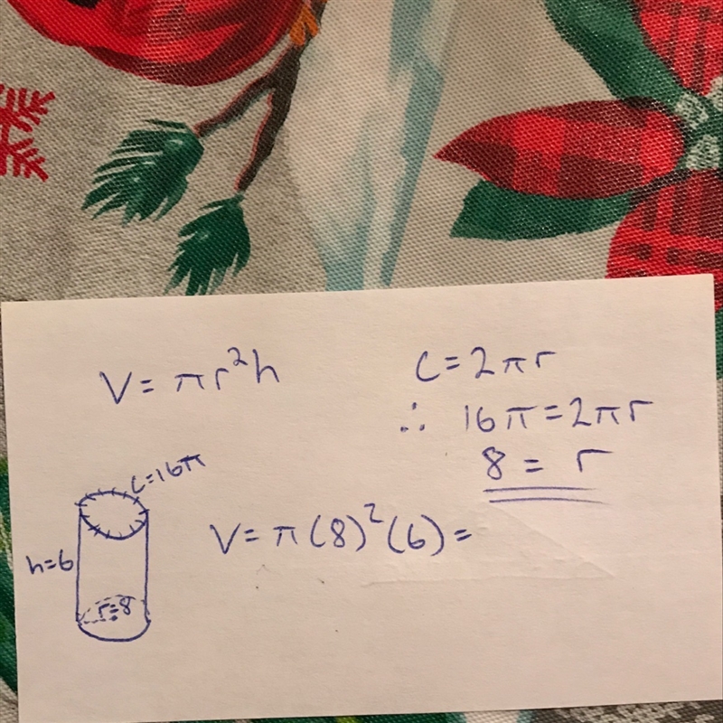 Find the volume of a cylinder of height 6" and base with circumference 16&quot-example-1