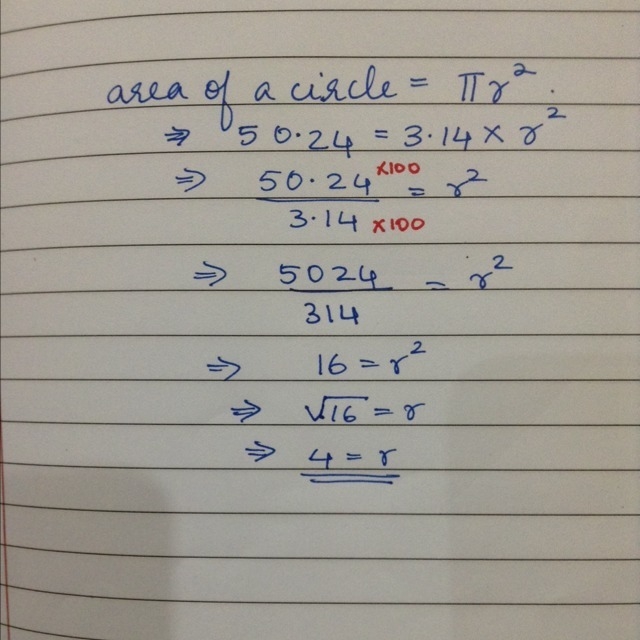 What is the radius of a circle with an area of 50.24 cubic inches? Use 3.14 for pi-example-1