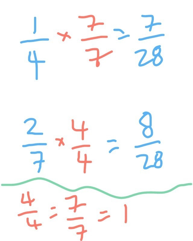 Rewrite 1/4 and 2/7 so that they have a common denominator-example-1