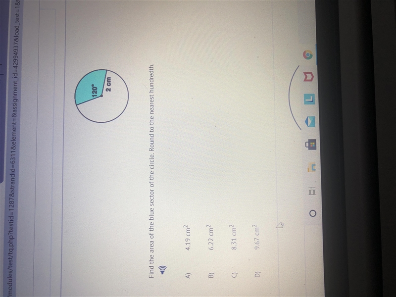 18) Find the area of the blue sector of the circle. Round to the nearest hundredth-example-1