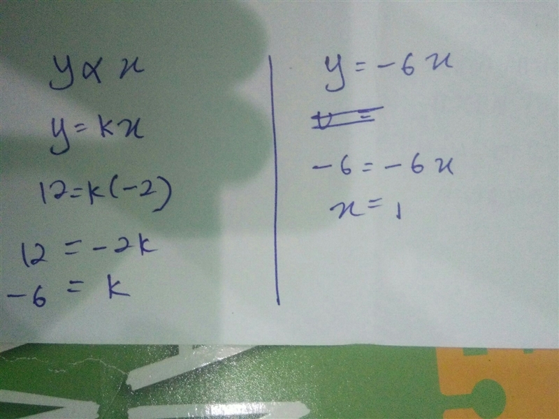 Suppose that y varies directly as x and y=12 when x=-2. Find the value of x when y-example-1