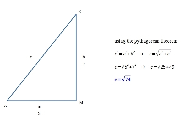 Given: △AMK m∠M = 90° AM = 5, MK = 7 Find: AK-example-1