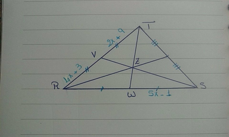 Z is centroid of triangle RST. What is RW, if RV=4x+3, WS=5x-1, and VT=2x+9? x= WS-example-1