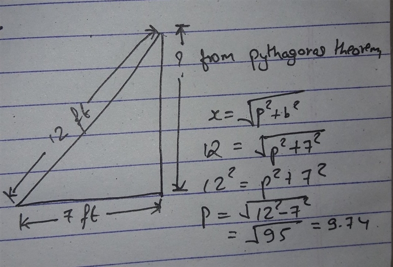 Solve.a 12-ft ladder is leaning against a building. the bottom of the ladder is 7 ft-example-1