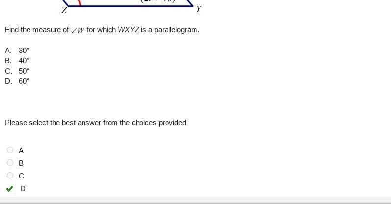 Find the measure of W for which WXYZ is a parallelogram.-example-1