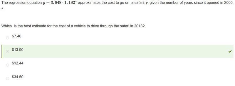 The regression equation y = 3.648 • 1.182x approximates the cost to go on a safari-example-1