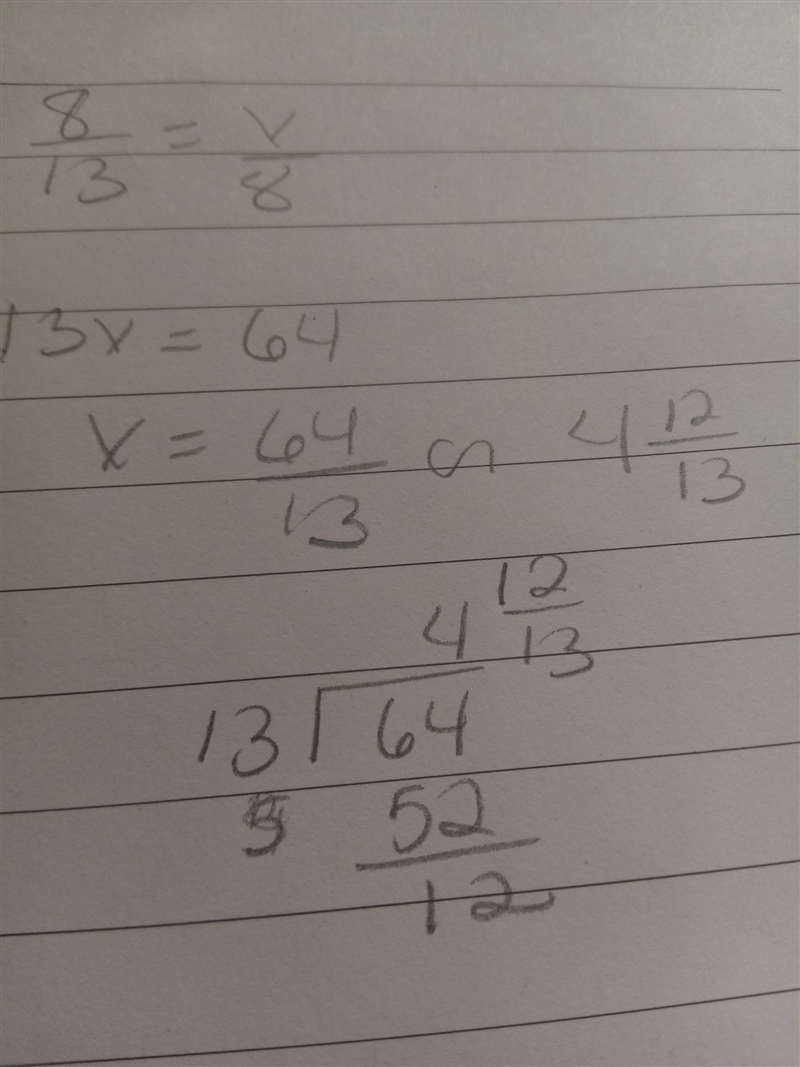 Solve the proportion of 8/13=v/8-example-1