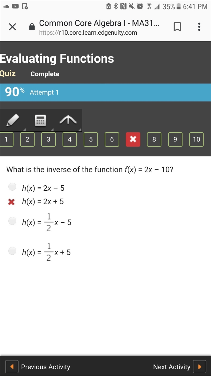 What is the inverse of the function f(x) = 2x – 10? h(x) = 2x – 5 h(x) = 2x + 5 h-example-1