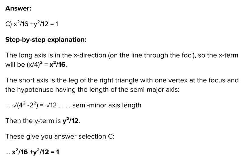 What is the standard form of an ellipse with foci at (0, ±2), and vertices at (0, ±4)?-example-1