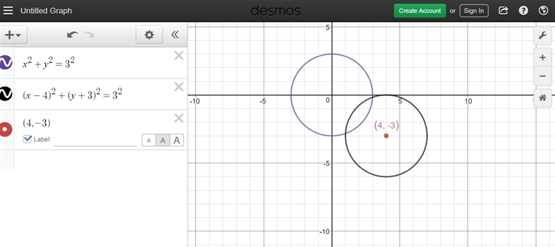 What is the equation for the translation of X^2+y^2=9 four units to the right and-example-1