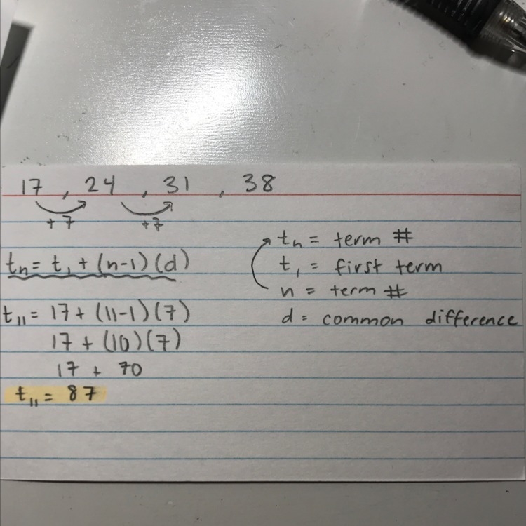 What is the eleventh term in the sequence 17, 24, 31, 38…?-example-1