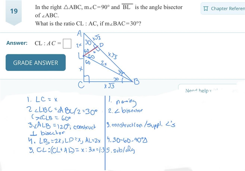 In the right △abc m∠c=90°, bl is an angle bisector of ∠abc. What is the ratio cl:ac-example-1