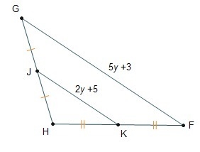 Points J and K are midpoints of the sides of triangle FGH. What is the value of y-example-1