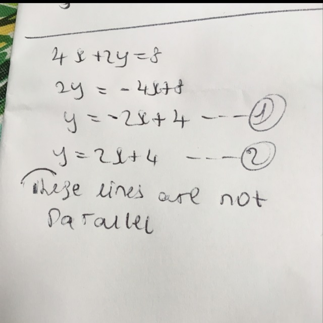 The following lines are parallel. 4 x + 2 y = 8 and y = 2 x + 4 true false-example-1