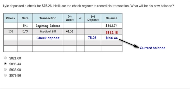 Lyle deposited a check for $75.26. He’ll use the check register to record his transaction-example-1