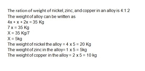 An alloy composed of nickel, zinc, and copper in a 4:1:2 ratio. How many kilograms-example-1