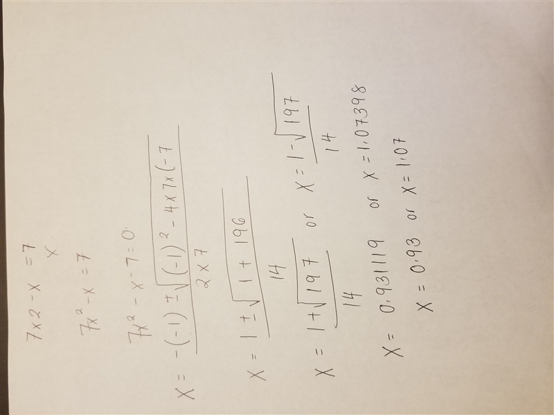 Using the quadratic formula to solve 7x2 – x = 7, what are the values of x?-example-1