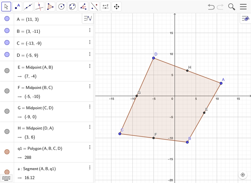 The corners of a fence are at a (11,3), b (3,-11), c (-13,-9), and d (-5,9). let q-example-1