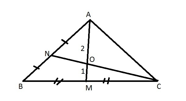 Median AM and CN of △ABC intersect at point O. What part of area of △ABC is the area-example-1