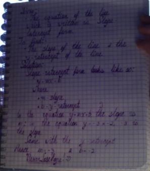 The equation of a line is y = -3x – 2. What are the slope and the y-intercept of the-example-1