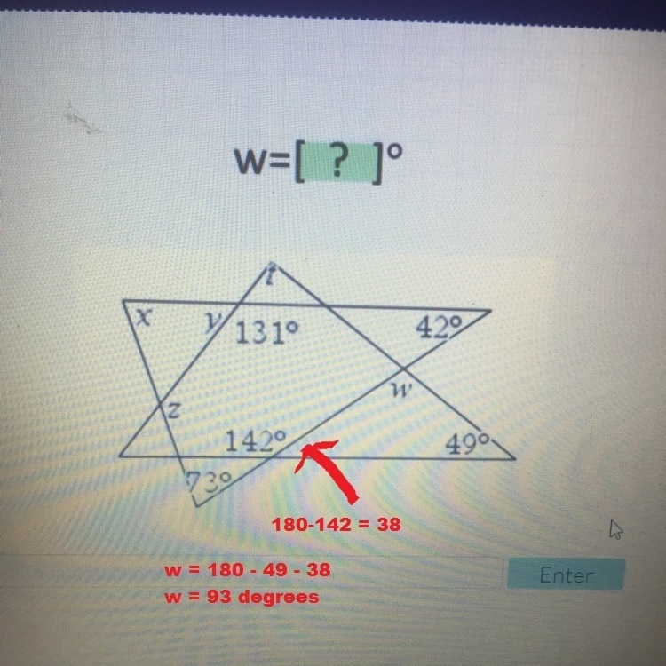 How many degrees is w?-example-1