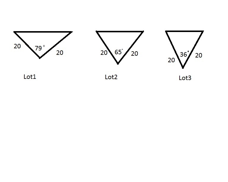 Lot 1 lies where two roads meet at a 79° angle. Lot 2 lies where two roads meet at-example-1