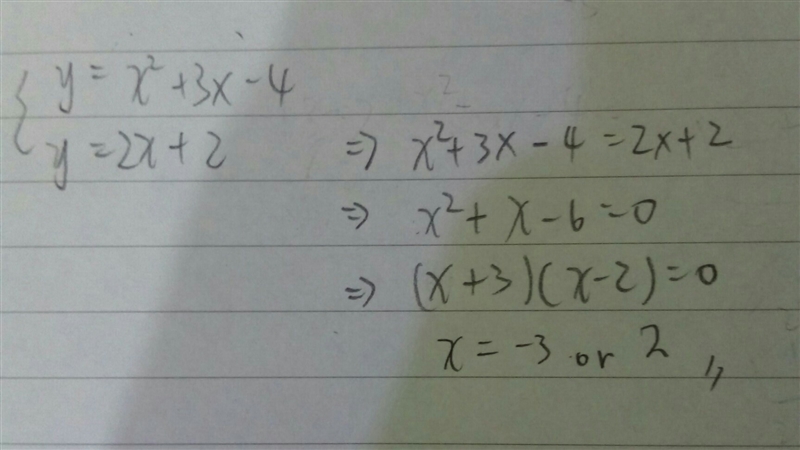 What are the solutions of the system y=x^2+3x-4 y=2x+2-example-1