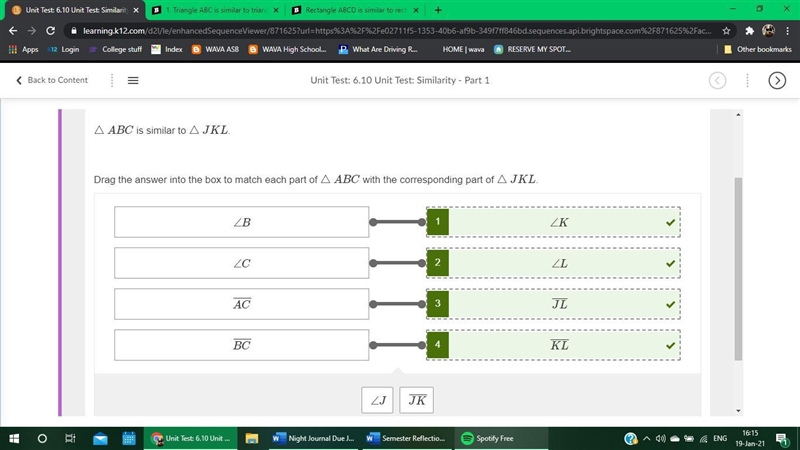 1. Triangle ABC is similar to triangle JKL. 2. Complete the similarity statement for-example-1