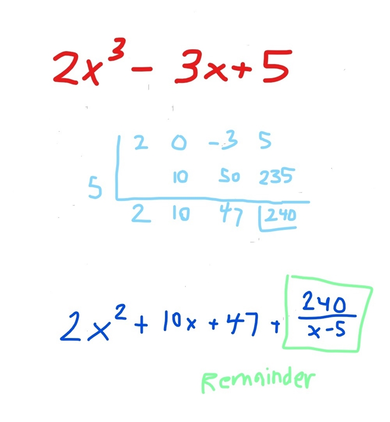 If p(x) = 2x3 − 3x + 5, what is the remainder of p(x) ÷ (x − 5)?-example-1