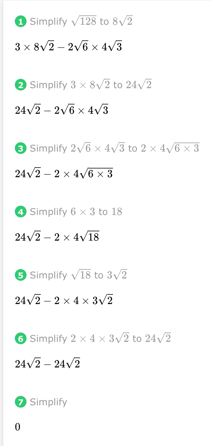 Simplify 3√128-2√6 x 4√3. show all your work answer:-example-1