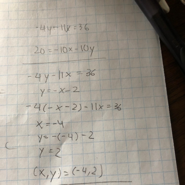 -4y-11x=36 20= -10x-10y Solve using Elimination method-example-1