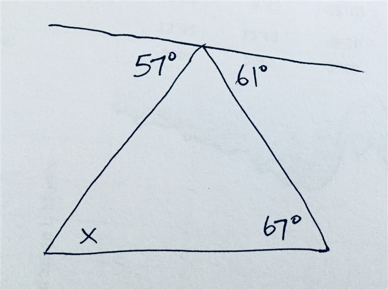 Find the measure of angle x in the figure below: A triangle is shown. At the top vertex-example-1