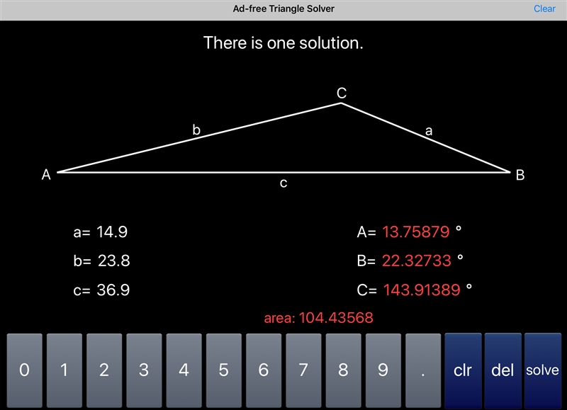 The sides of a triangle measure 14.9 cm, 23.8 cm, and 36.9 cm. Find the measure of-example-1