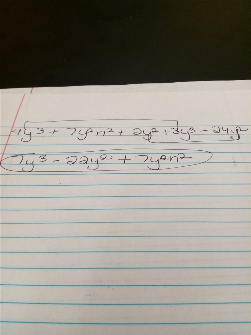 I need help with this algebraic expression: Simplify: y2(4y+7n2+2)−3y2(−y+8)-example-1