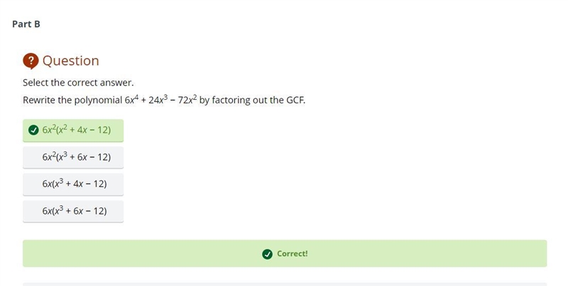 Rewrite the polynomial 6x4 − 24x3 + 72x2 by factoring out the GCF-example-1