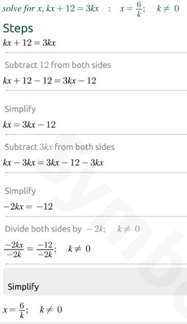 Solve kx + 12 = 3kx for x-example-1