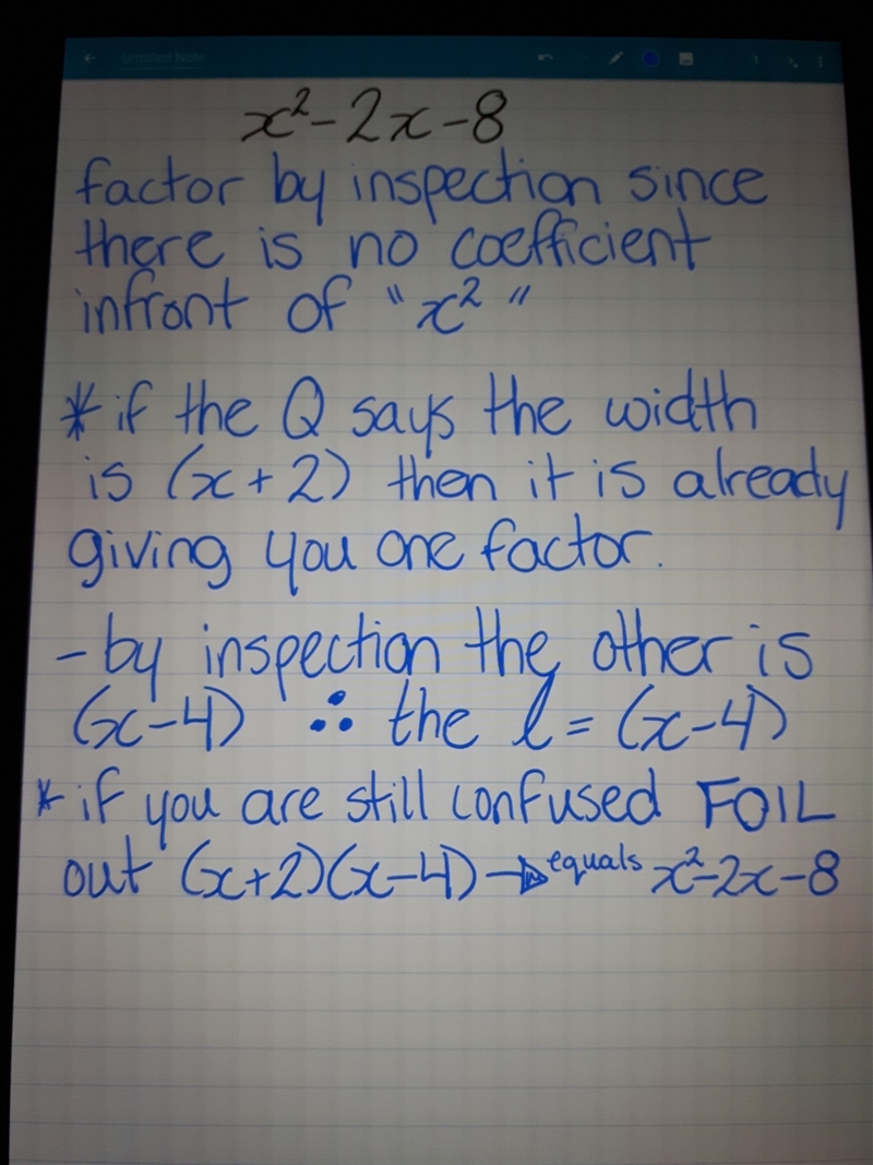 The area of a rectangle is x2-2x-8. the width of the rectangle is (x+2) . what is-example-1