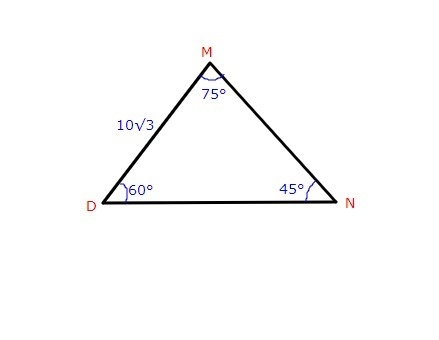 Given: △DMN, DM=10 3 m∠M=75°, m∠N=45° Find: Perimeter of △DMN-example-1