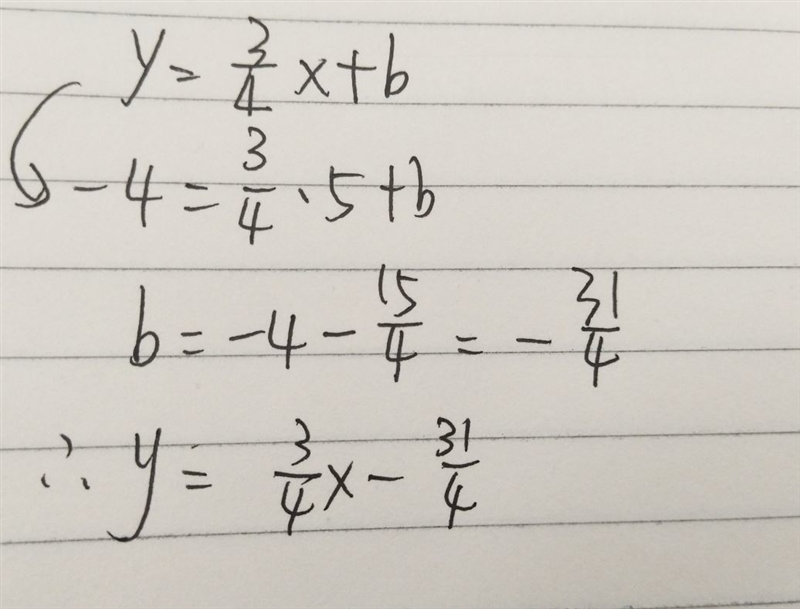 What is the slope-intercept form of the equation of a line that passes through (5, -4) and-example-1