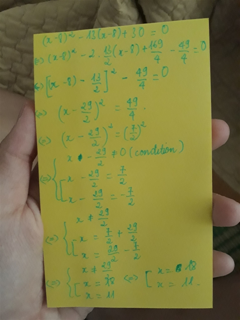 What are the solutions of the quadratic equation (x – 8)2 – 13(x – 8) + 30 = 0? use-example-1