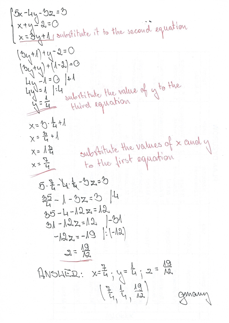 What is the solution to the system 5x-4y-3z=3 x+y-2=0 x=3y+1 will mark the brain-example-1