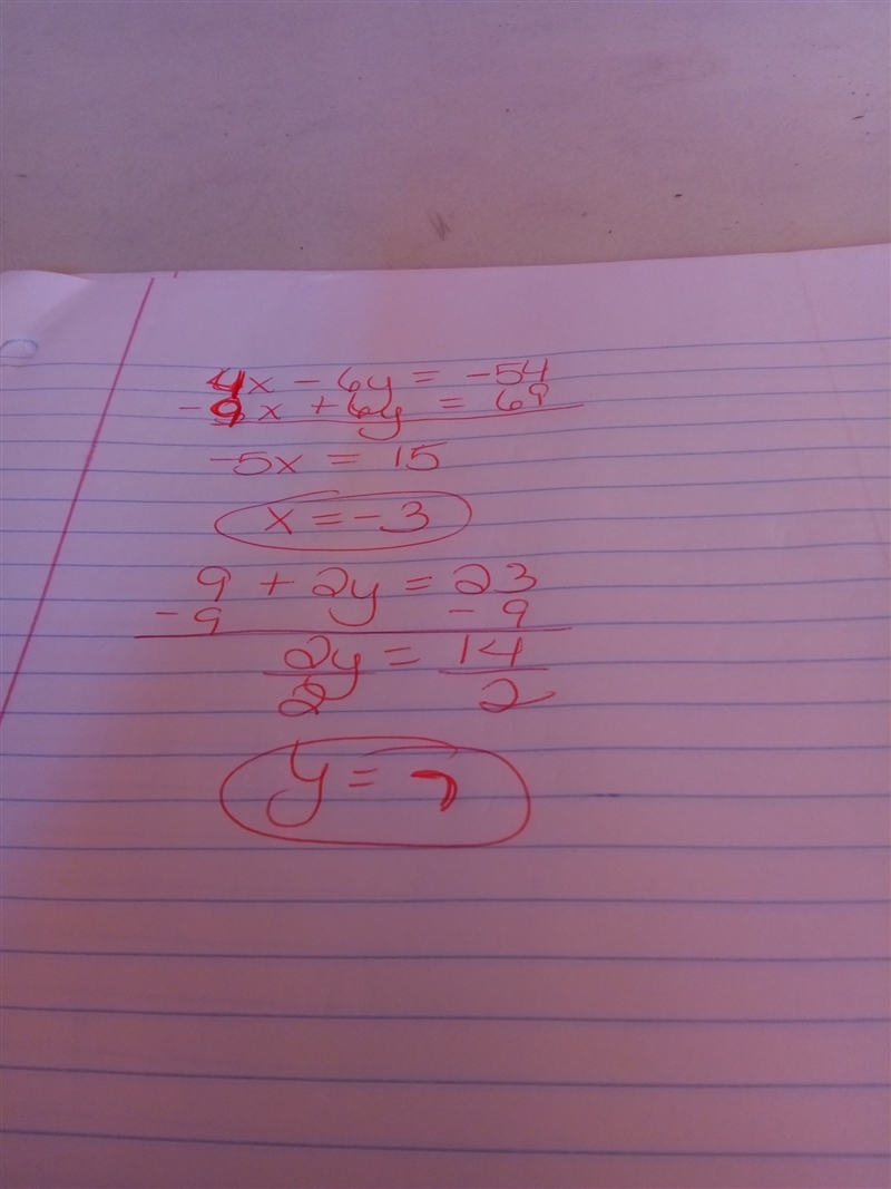 What is the solution to the system of equations? 2x−3y=−27 −3x+2y=23 (−24, −7) (3, 11) (−3, 7) (7, −3)-example-1