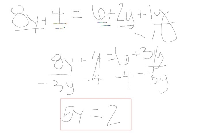 Which of these is a simplified form of the equation 8y + 4 = 6 + 2y + 1y? 5y = 2 5y-example-1