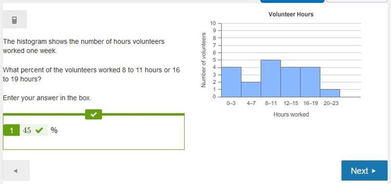 The histogram shows the number of hours volunteers worked one week. What percent of-example-1