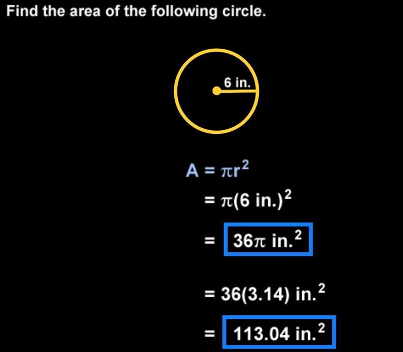 What is the area of a circle with a radius is of 6 inches?-example-1