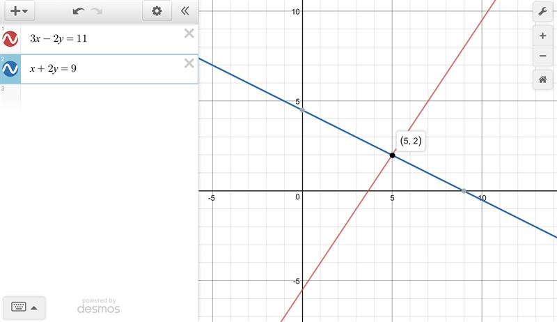 Use substitution to solve 3x-2y=11 and x+2y=9-example-1