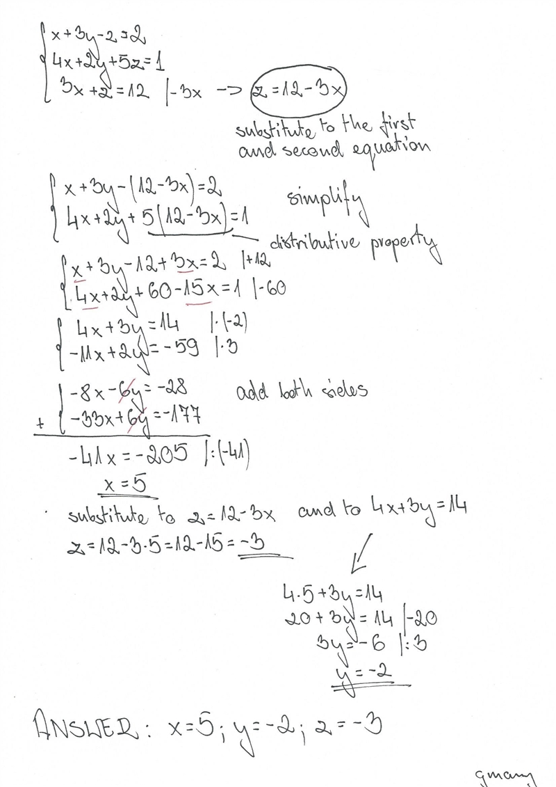 What is the solution to the system of equations? Answer choices: A. (3, 0, 3) B. (5, −2, −3) C-example-1