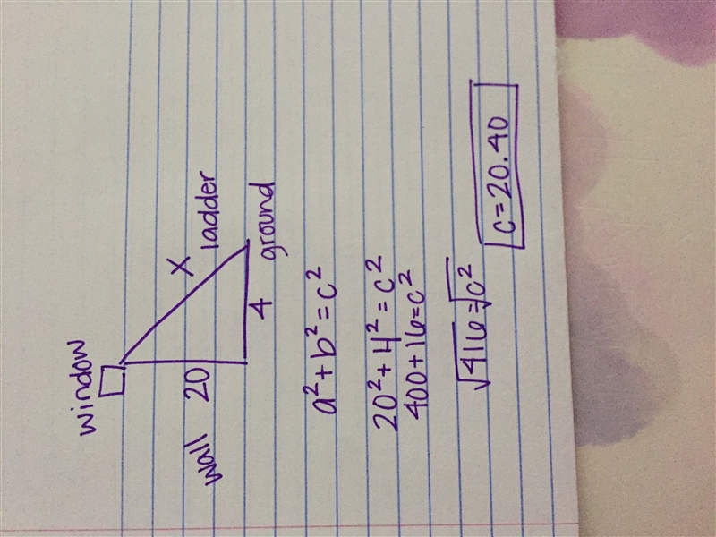 A ladder reaches a window 20 feet above the ground. The foot of the ladder is 4 feet-example-1